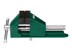 Green table vice with black jaw pads and a silver handle.