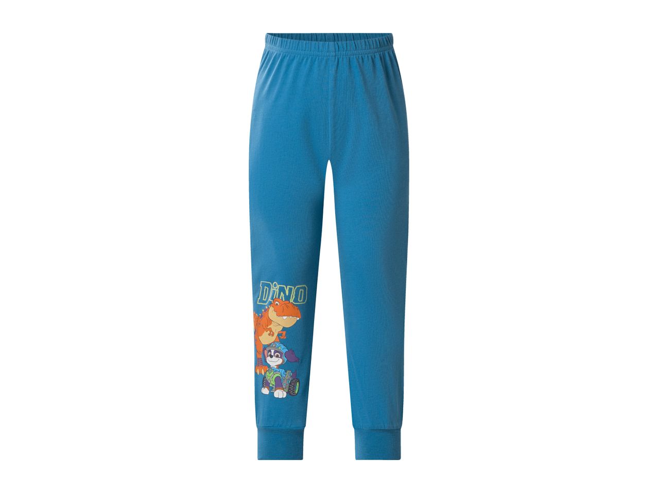 Blue children's sweatpants with a dinosaur and dog graphic and 'DINO' text.