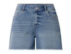 Light blue denim shorts with frayed hem and front button closure.