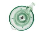 Top-down view of an empty green glass blender jar with blades.