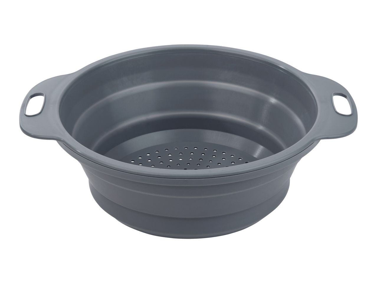 A gray silicone collapsible colander with handles.
