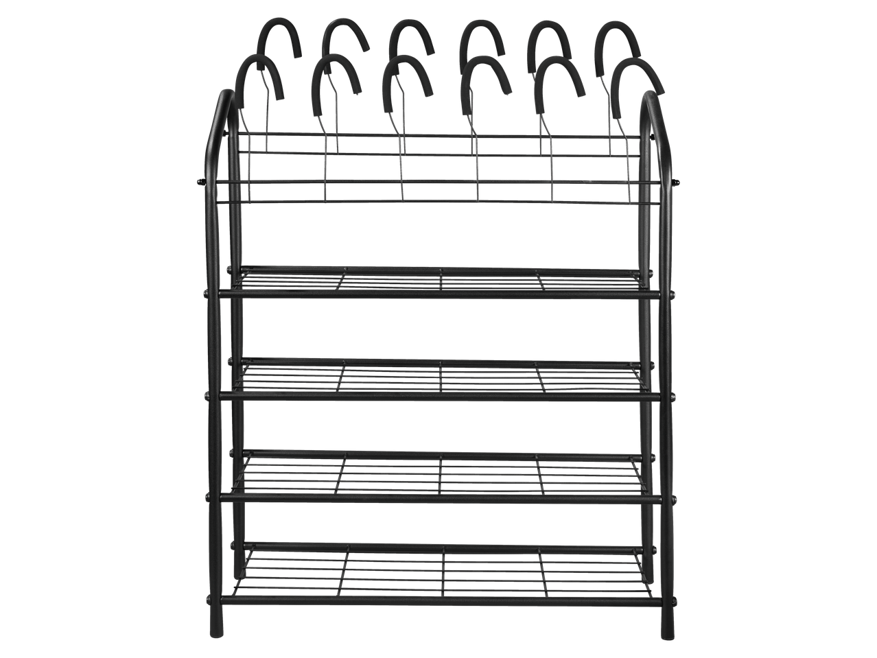 LIVARNO Apavu plaukts: melns 5 līmeņu metāla apavu plaukts ar augšējiem pakaramajiem.