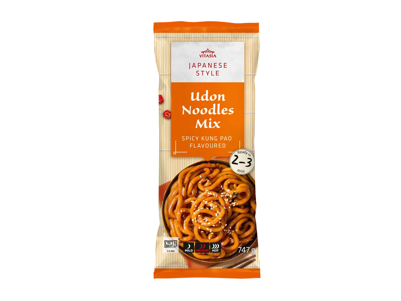 Amestec de tăiței Udon stil japonez, cu aromă picantă Kung Pao, gata în 2-3 minute.