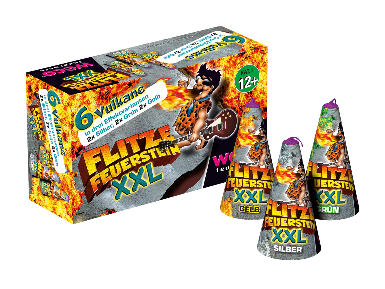 Schachtel mit 6 Feuerwerksvulkanen mit Zeichentrickfigur, 3 einzelne Kegel.