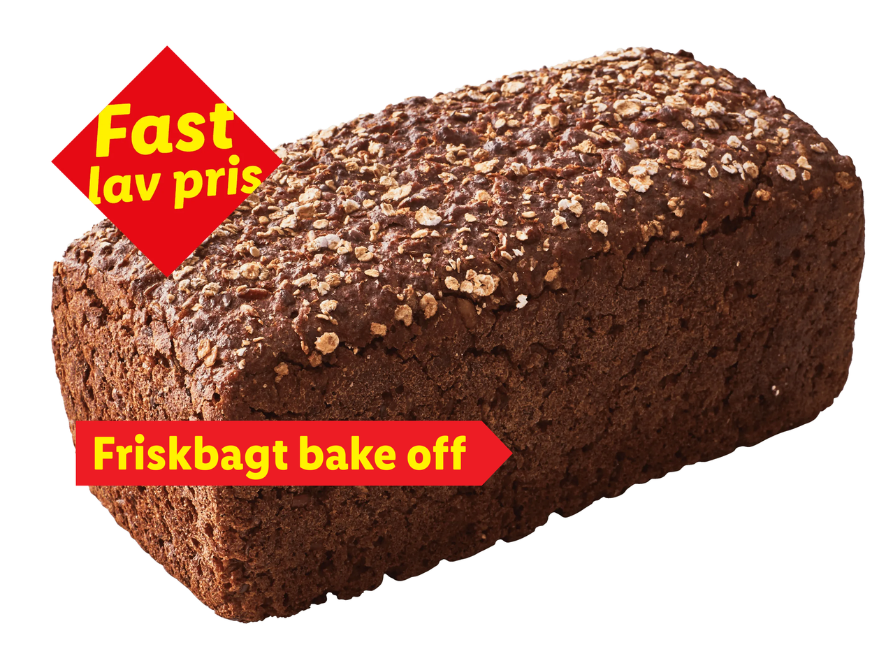 Mørkt rugbrød med kerner og teksten 'Fast lav pris' og 'Friskbagt bake off'.