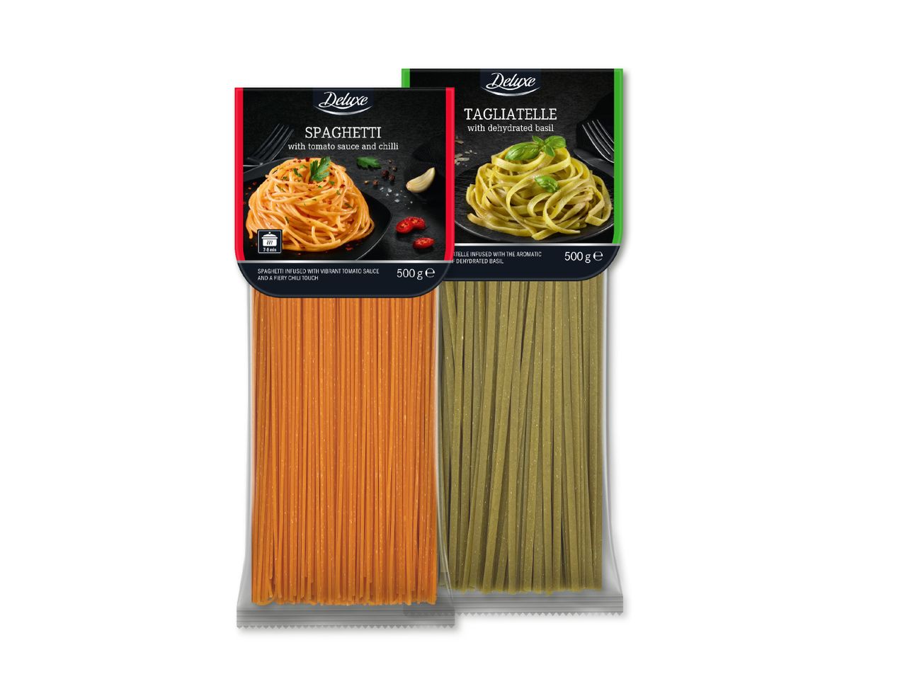 Deluxe spagetid tomatikastme ja tšilliga ning tagliatelle kuivatatud basiilikuga.