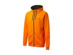 Orange full-zip hoodie with black drawstrings and a small black logo on the chest.
