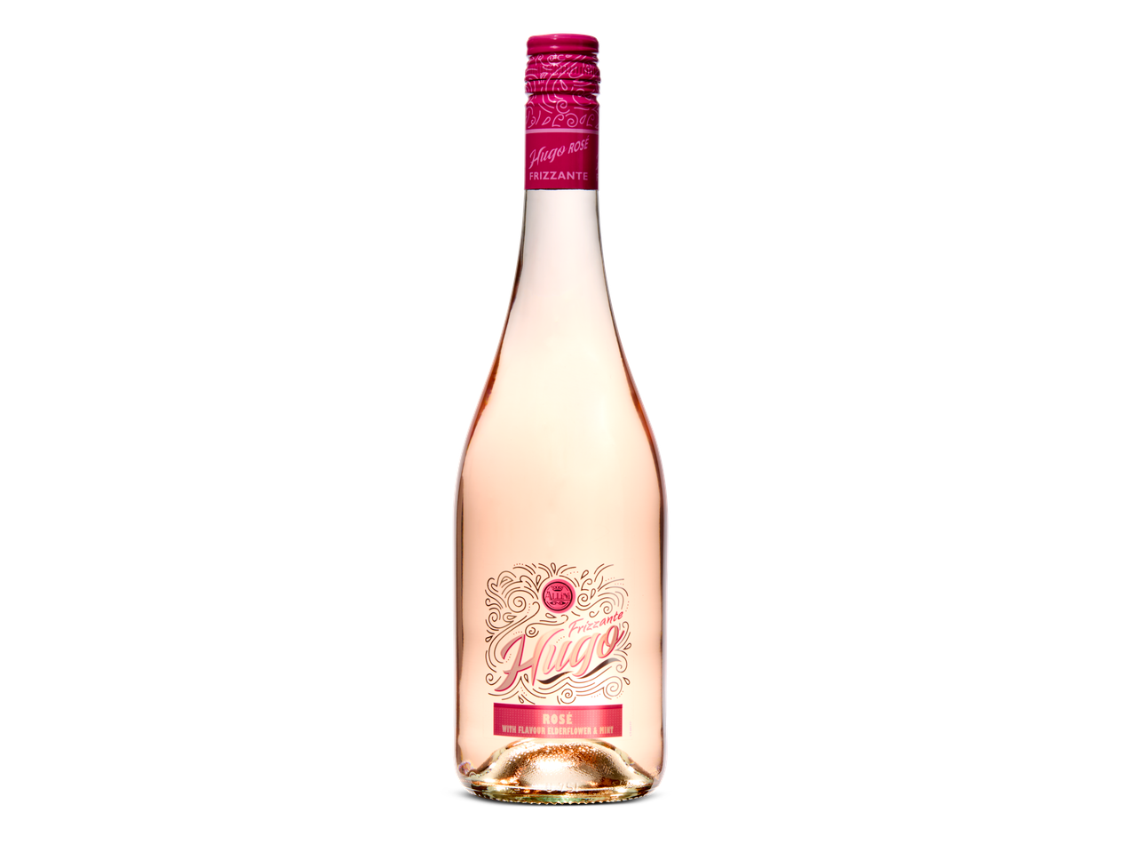 Hugo Rosé frizzante: een fles rosé wijn met vlierbloesem en munt.