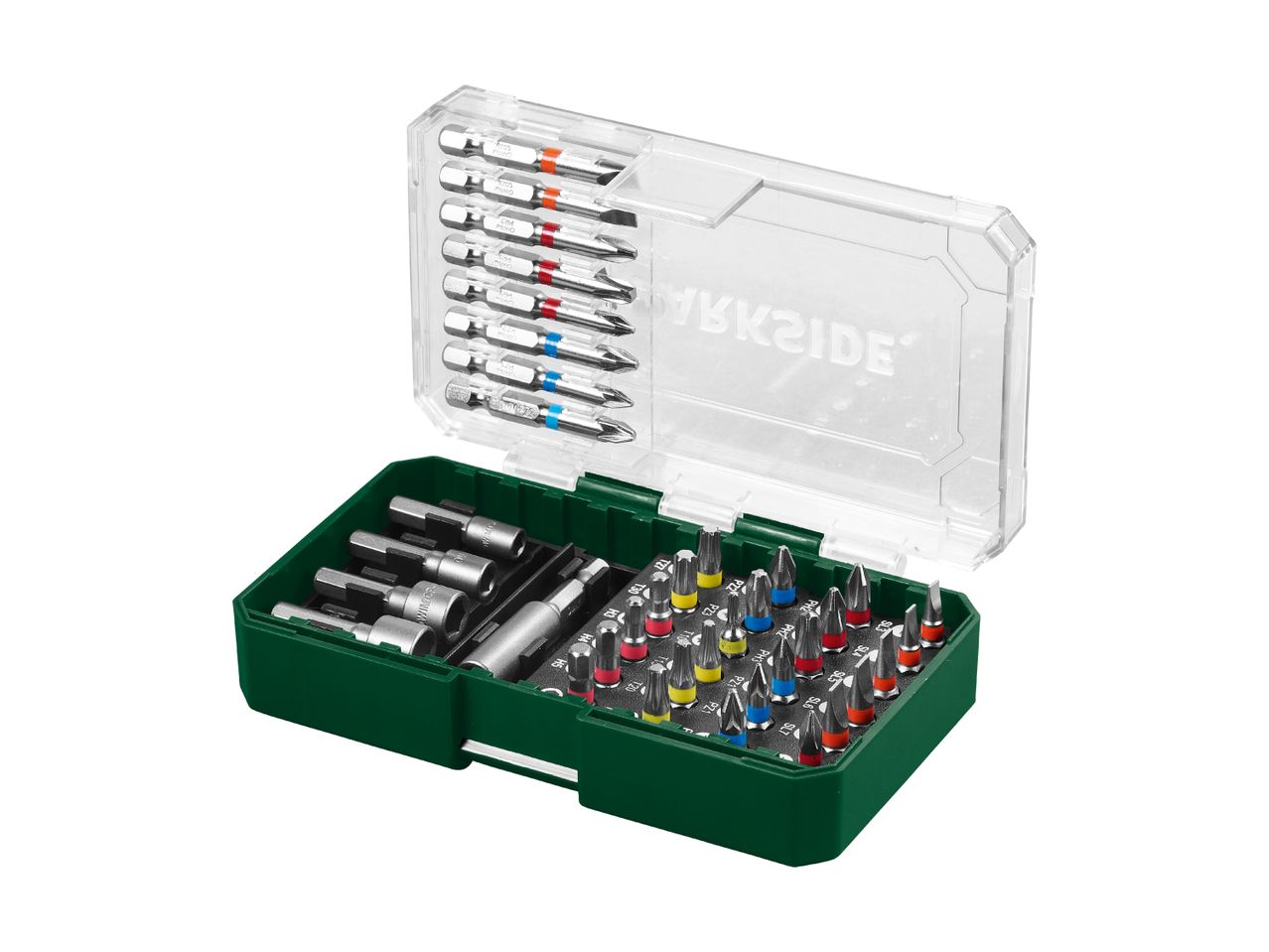 Bosch bit set with various drill bits and screwdriver bits in a green and clear plastic case.