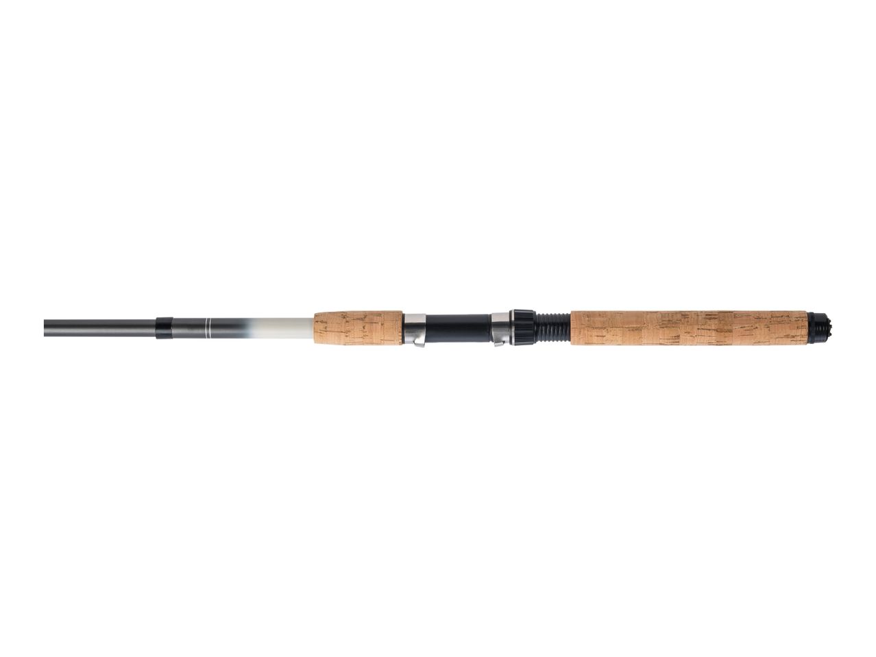 Close-up of a fishing rod handle with cork grip and reel seat