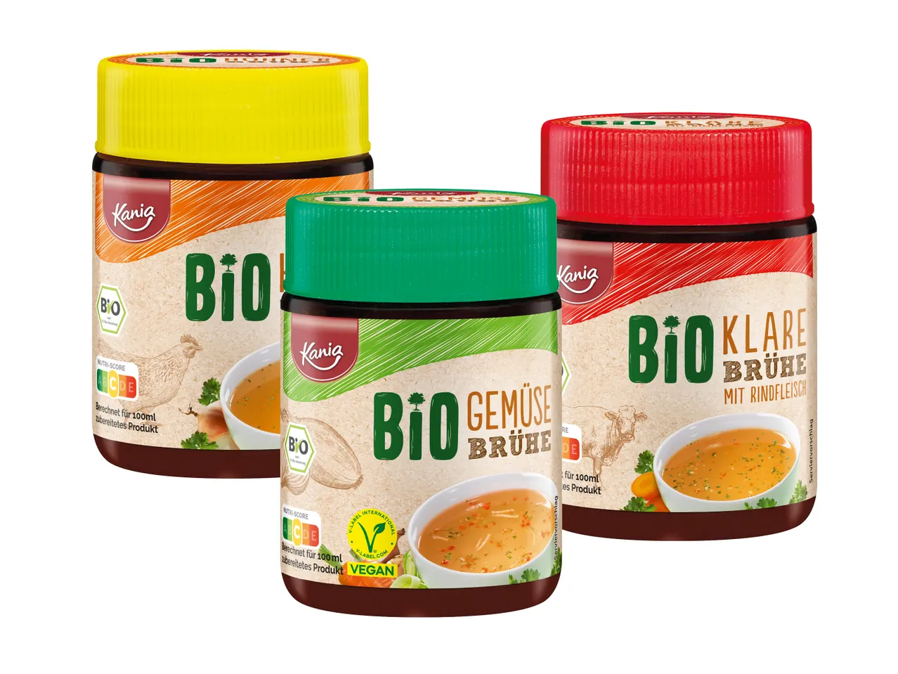 Drei Kania Bio-Brühwürfel: Hühner-, Gemüse- und klare Rinderbrühe.