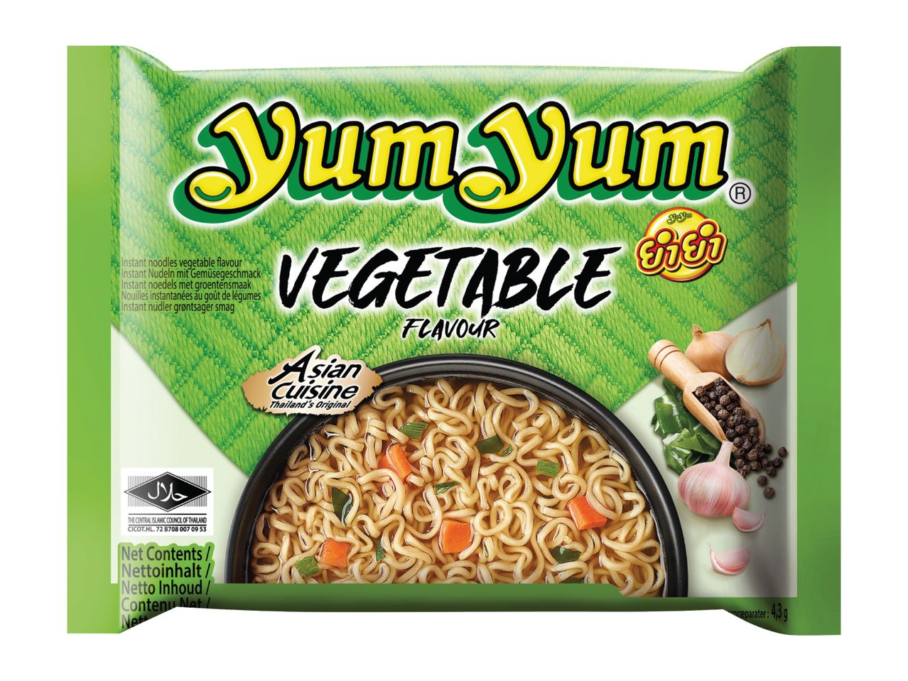 Vegetable instant noodles with a bowl of prepared noodles and ingredients.