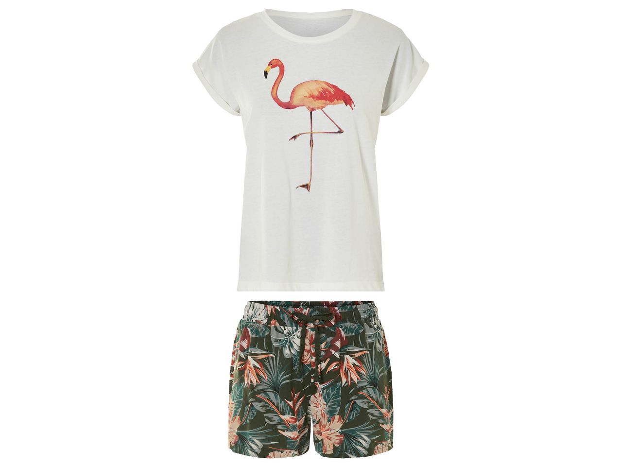 Flamingo-themed pyjama set: a light gray t-shirt and tropical print shorts.