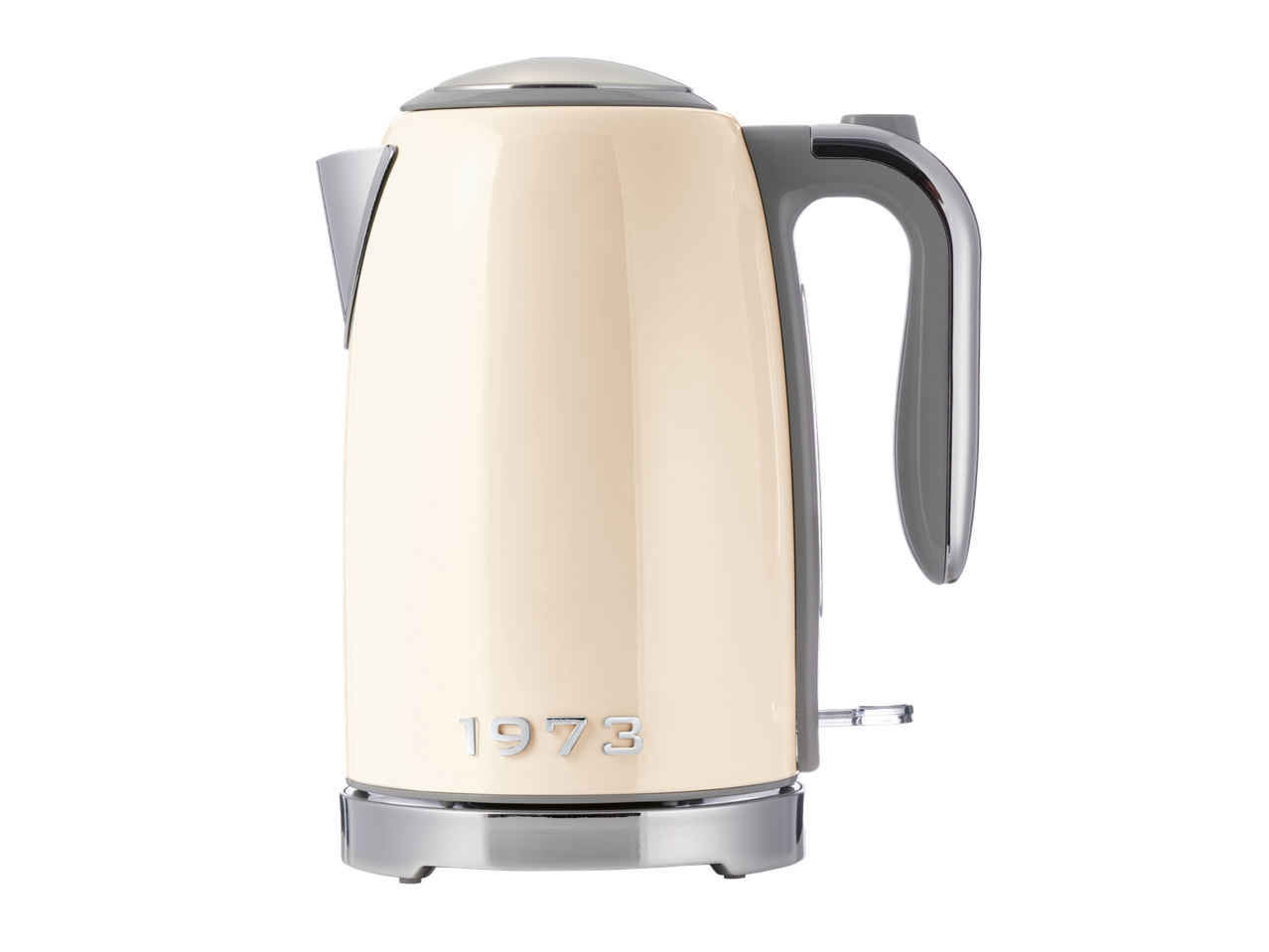 Kreminės spalvos Silvercrest virdulys su chromo detalėmis ir pilka rankena.