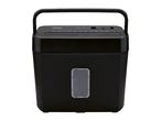 Black paper shredder with a handle, control panel, and a transparent window on the front.