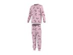 Pink children's pajama set with a unicorn pattern, including a long-sleeved top and pants.