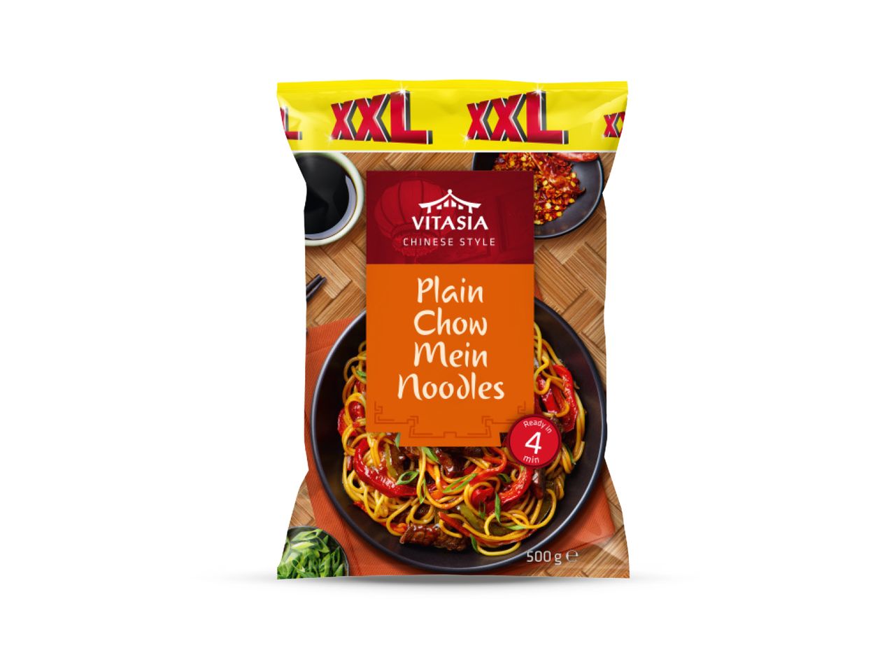 Pakiranje Vitasia Plain Chow Mein rezanaca s natpisom 'XXL' i slikom gotovog jela.