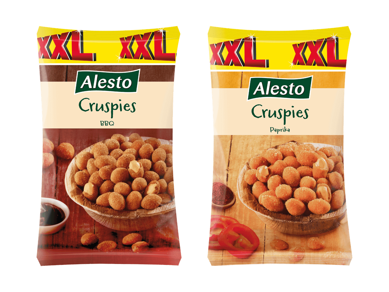 Deux paquets d'Alesto Cruspies, un au goût BBQ et l'autre au Paprika.