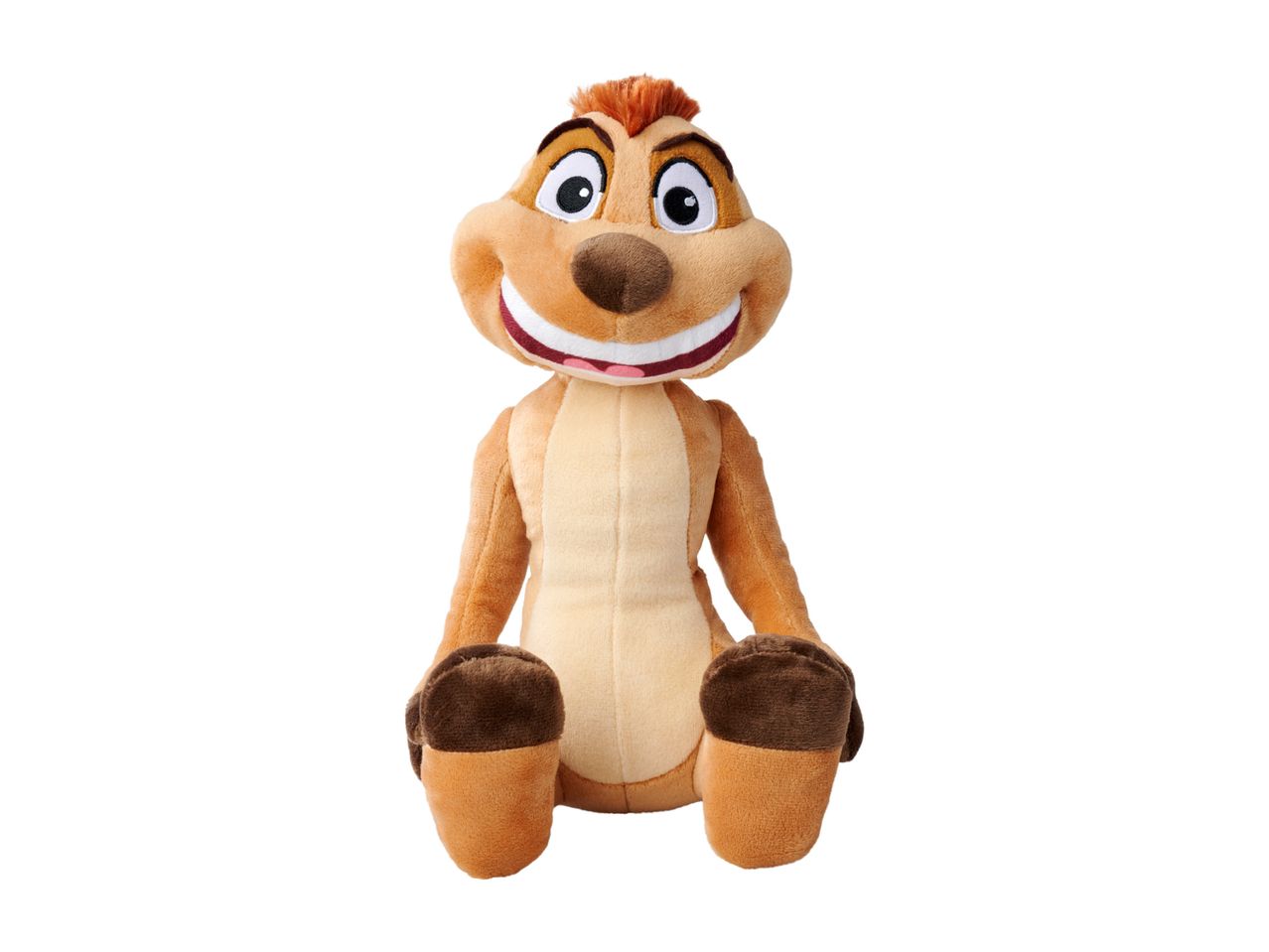 Smiling brown meerkat plush toy with orange hair, white teeth, and pink tongue