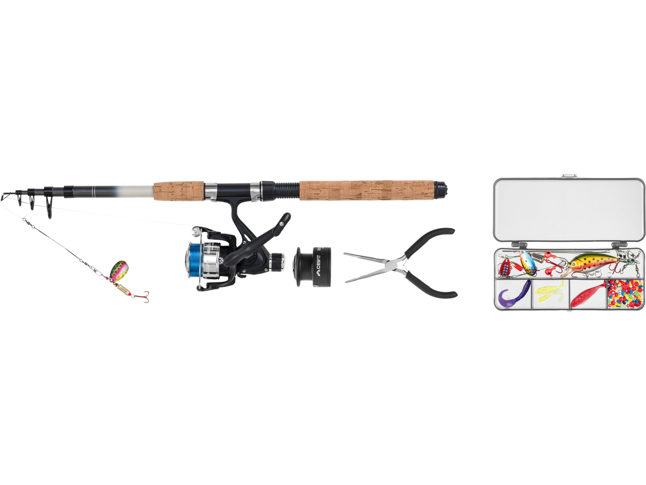 Σετ ψαρέματος CRIVIT με καλάμι, μηχανισμό, δολώματα, πένσα και κουτί.