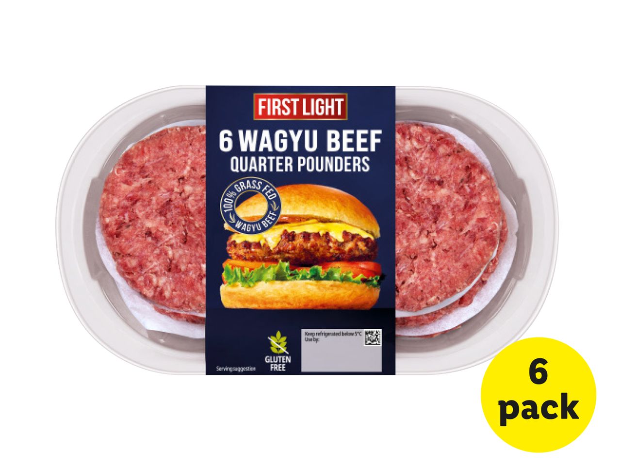 First Light 6 Wagyu Beef Quarter Pounders in a pack.