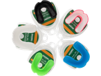 Five colorful dual gel mouthguards in packaging, arranged in a circle.