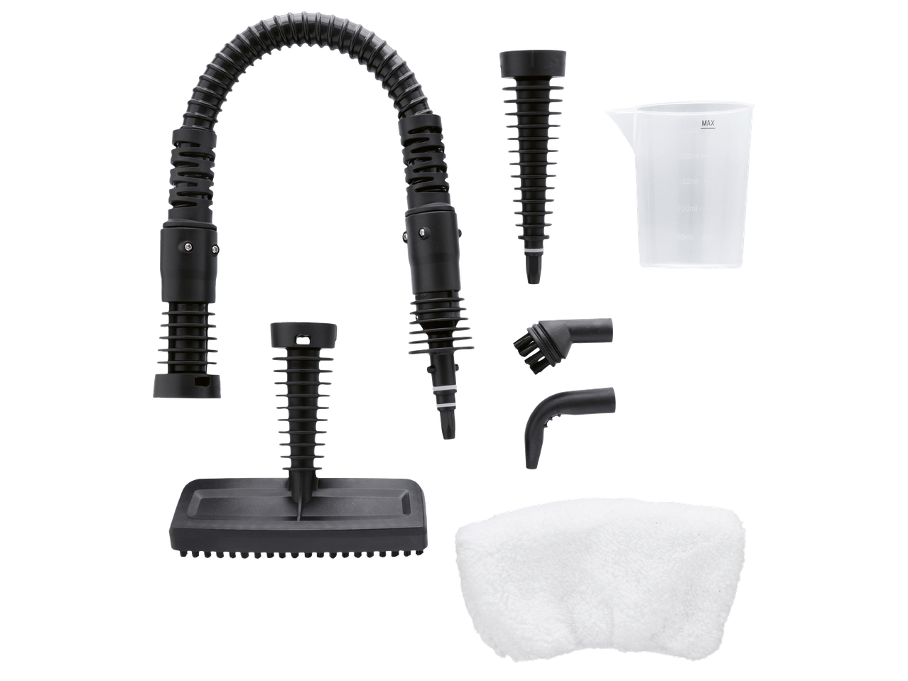 Комплект аксесоари за парочистачка, включващ маркуч, различни приставки, мерителна чаша и кърпа.