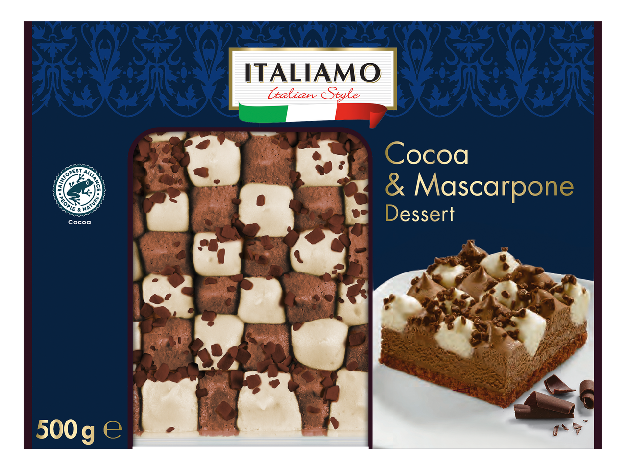 Italimo cacao en mascarpone dessert, Italiaanse stijl.