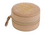 A beige velvet round jewelry box with a gold sun design and zipper.