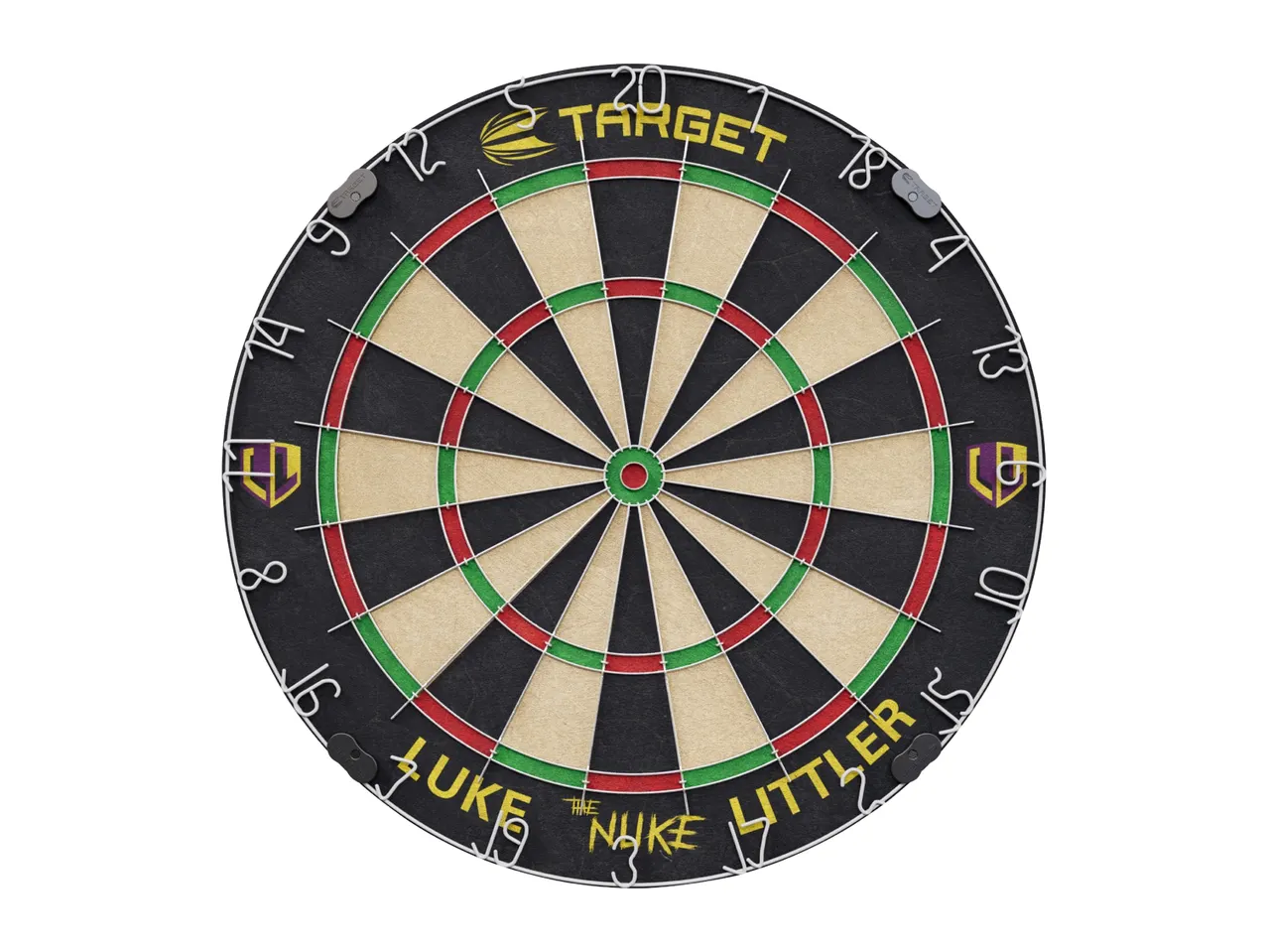 A black and beige dartboard with red and green accents, featuring the brand 'TARGET' and 'LUKE THE NUKE LITTLER' text.