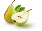Whole and halved green pears with leaves, showcasing fresh fruit.