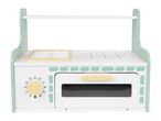 White and mint green wooden toy kitchen with yellow accents