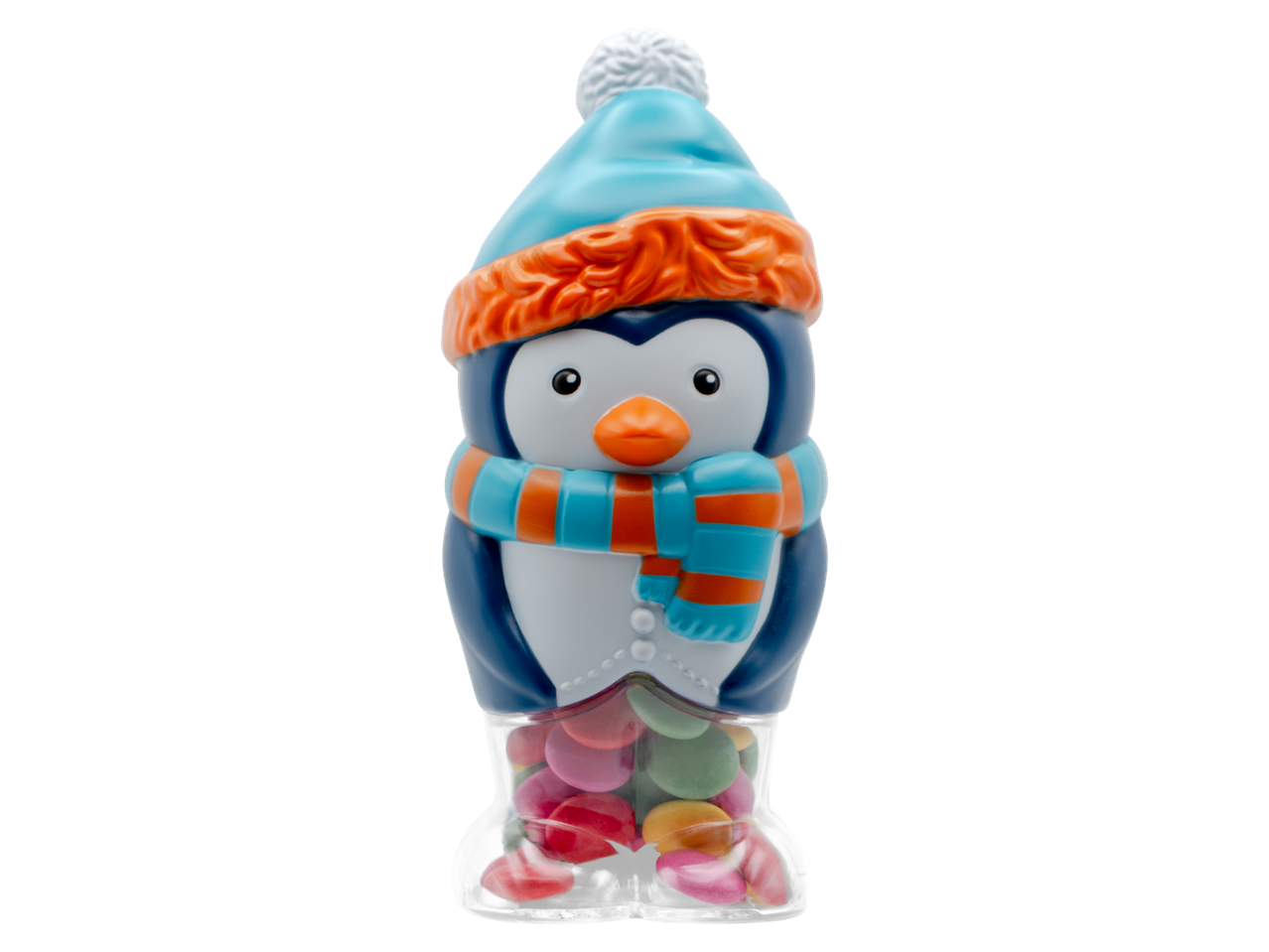 Pingvīna formas konfekšu dozators ar krāsainām šokolādes konfektēm