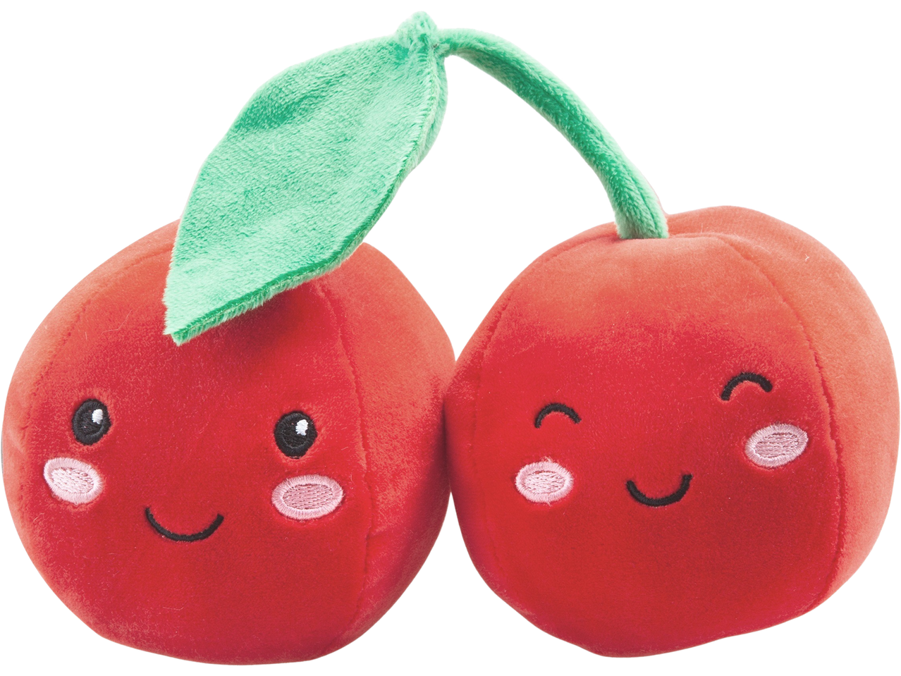 Two plush red cherries with smiling faces and a green stem with a leaf.