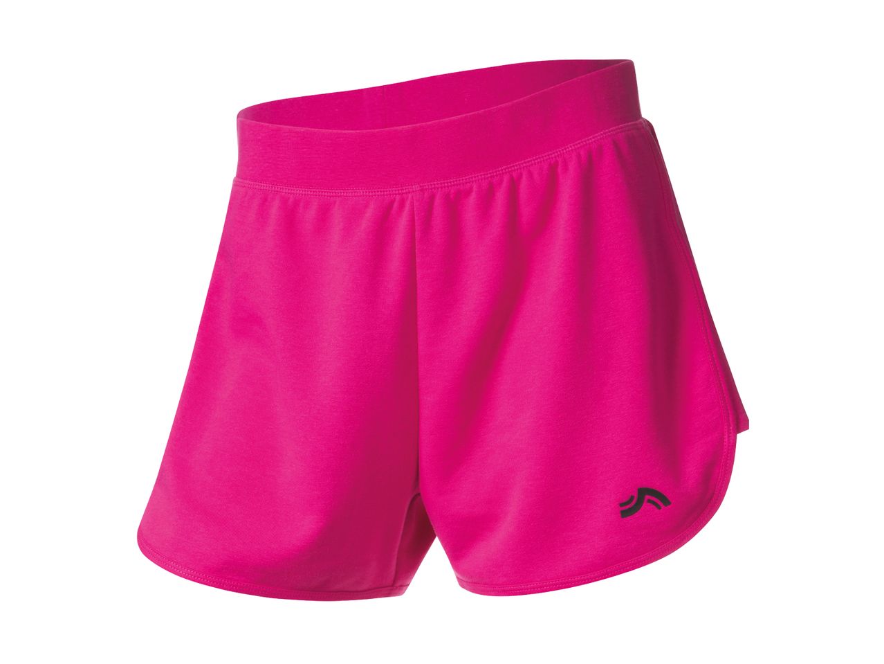 A pair of bright pink athletic shorts with a black logo on the right leg.