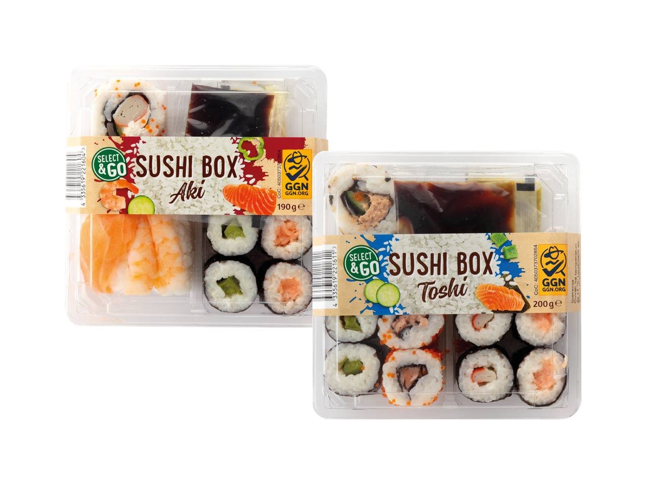 Dvije kutije sushija, jedna s natpisom 'Aki' i 190g, druga s natpisom 'Toshi' i 200g.