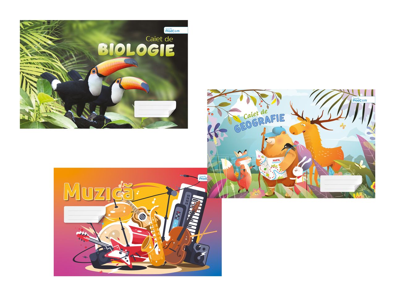 Caiete școlare cu teme de biologie, geografie și muzică, marca ProdCom.