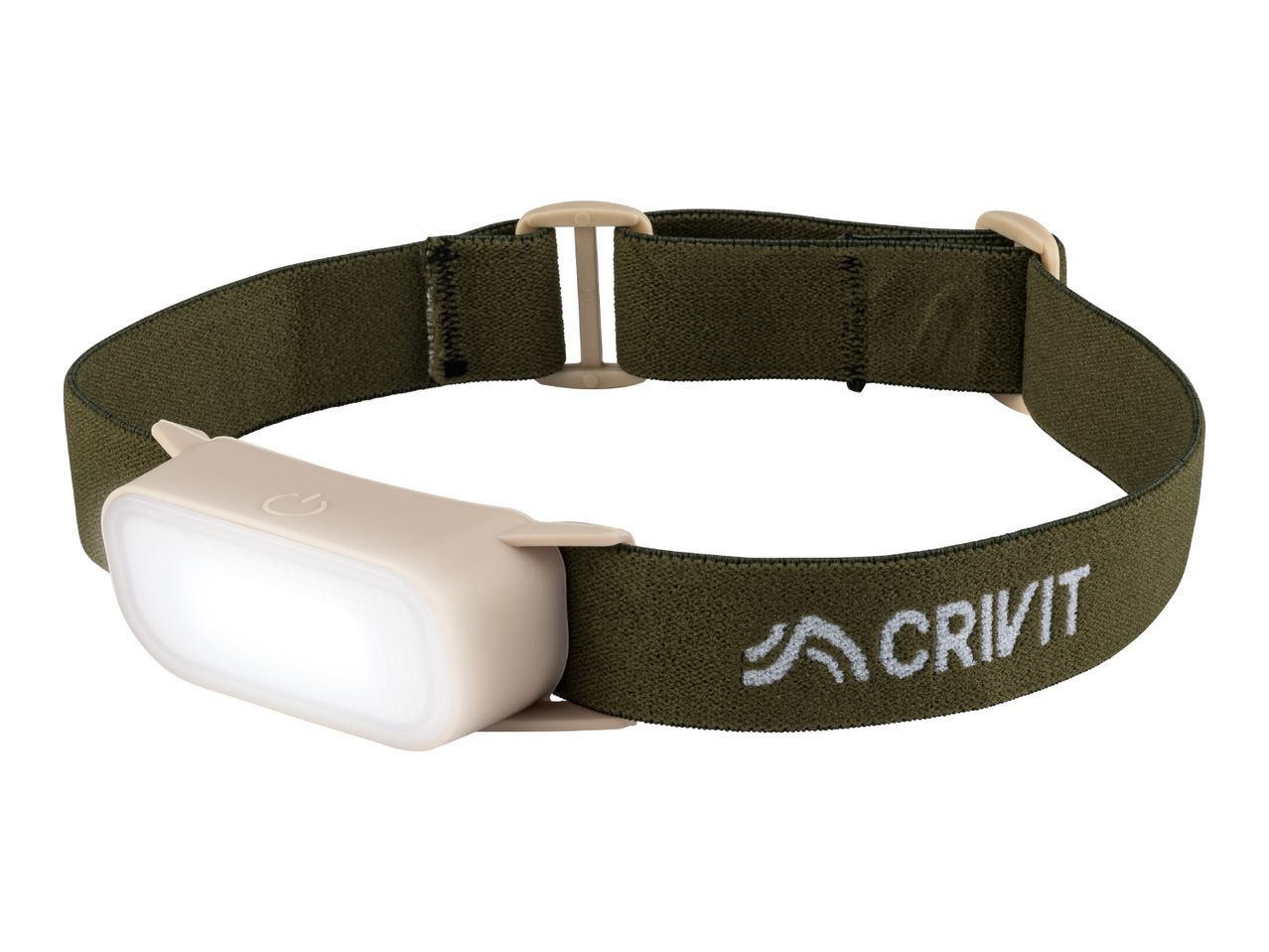 Headlamp with a green elastic strap and a beige light unit, featuring a power button.