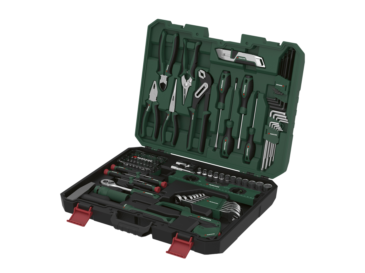 Zöld szerszámkészlet nyitott állapotban, fogókkal, csavarhúzókkal, imbuszkulcsokkal és racsnis kulcsokkal.