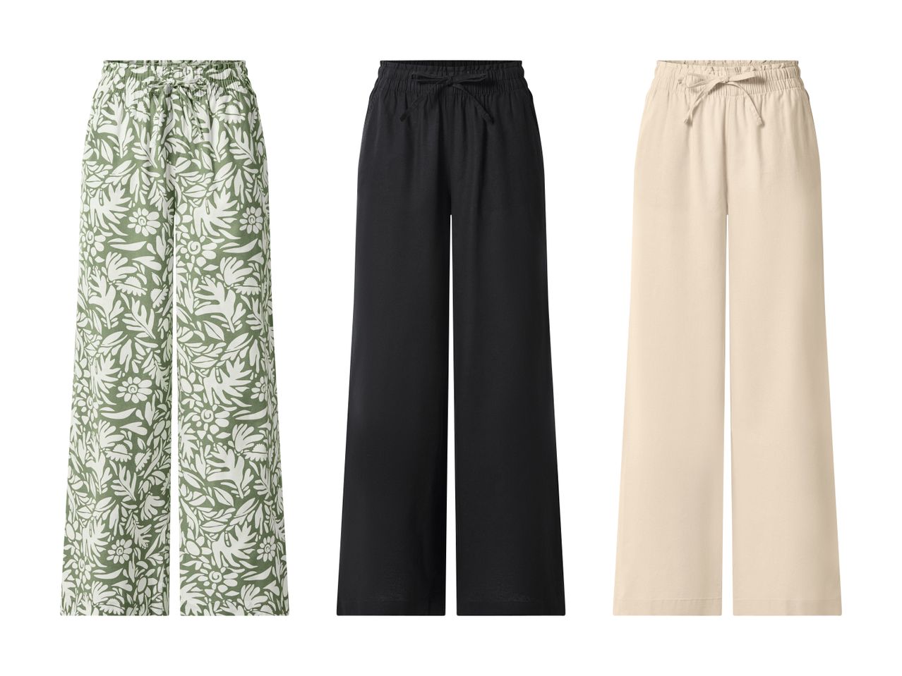 Tre par løse bukser: et par med grønt og hvidt blomstermønster, et sort og et beige par.
