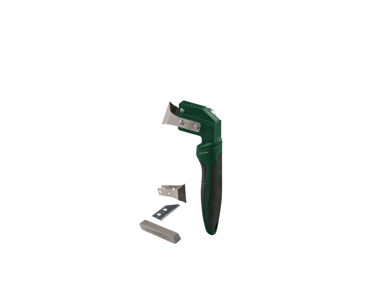 Un raschietto verde e nero con lame di ricambio e una pietra per affilare.