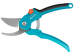 Tesoura de poda Gardena bypass em azul e preto com fecho de segurança laranja.
