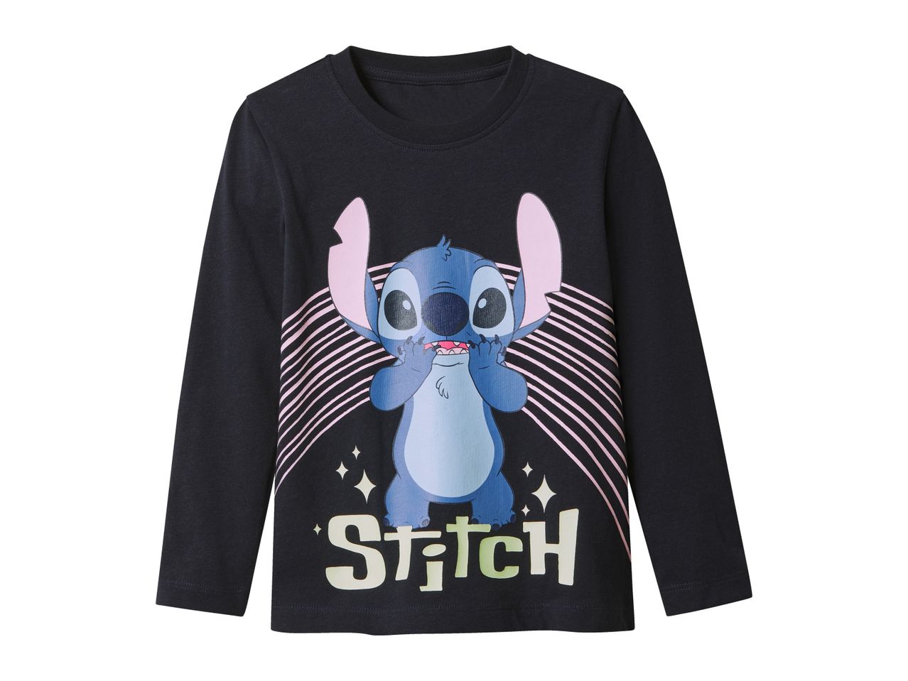 Black long-sleeve t-shirt with a large graphic of Stitch from Lilo & Stitch and the word 'Stitch'.