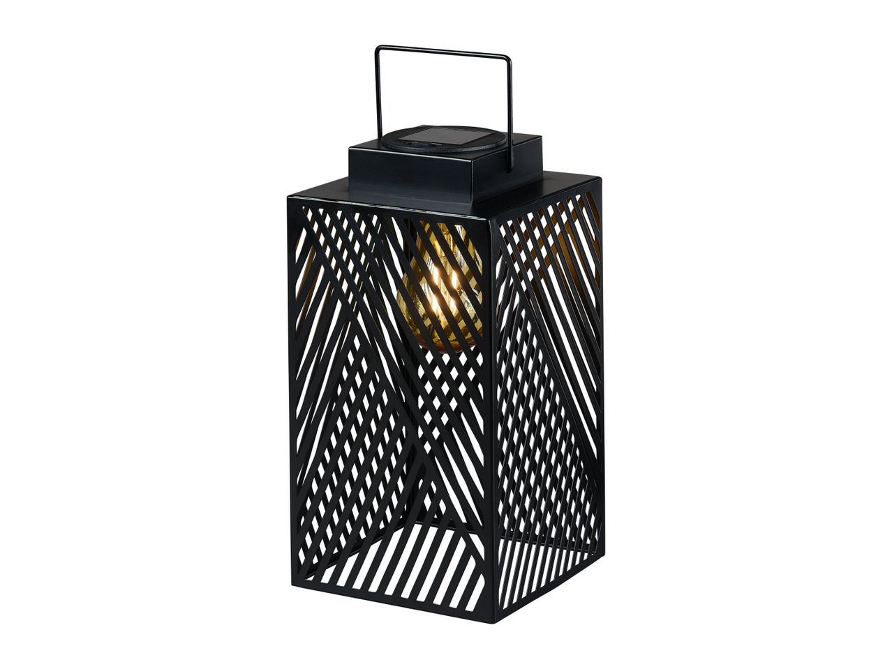 Black metal solar lantern with geometric pattern for outdoor use.