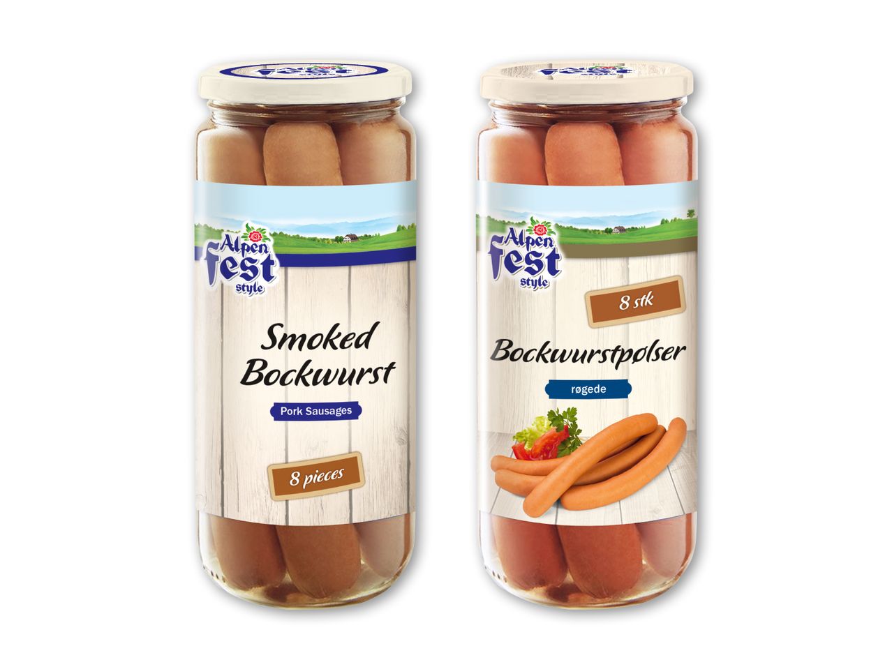 To glas med røgede bockwurstpølser, den ene mærket 'Smoked Bockwurst Pork Sausages 8 pieces' og den anden 'Bockwurstpølser røgede 8 stk'.