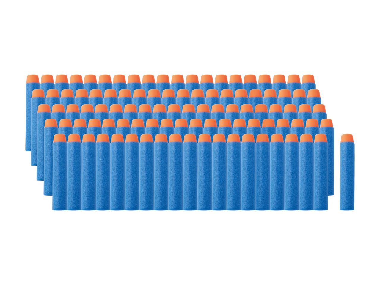 100 blå Nerf-pile klar til action.
