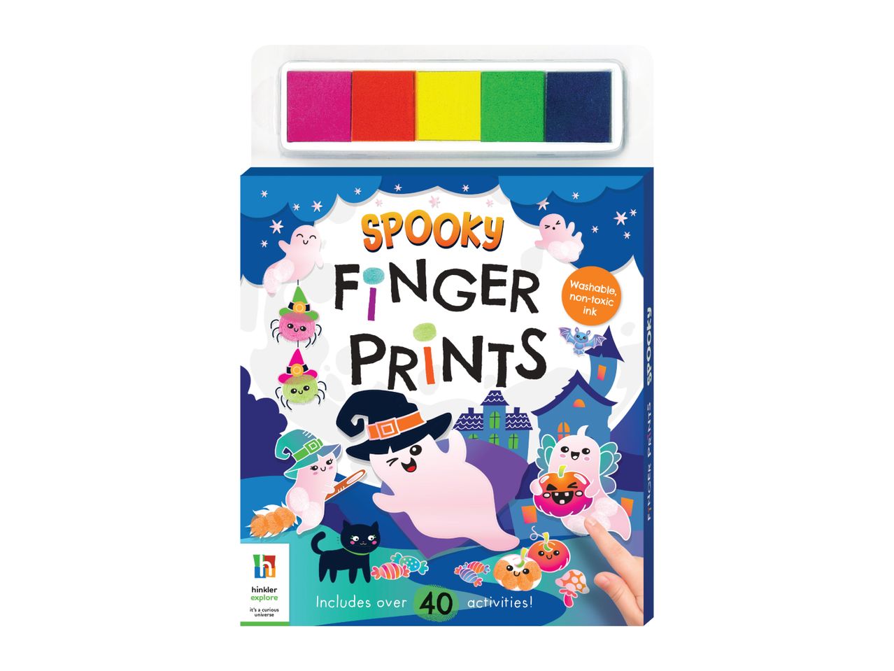 Hinkler Spooky Finger Prints kit with five ink pads and Halloween-themed activities.