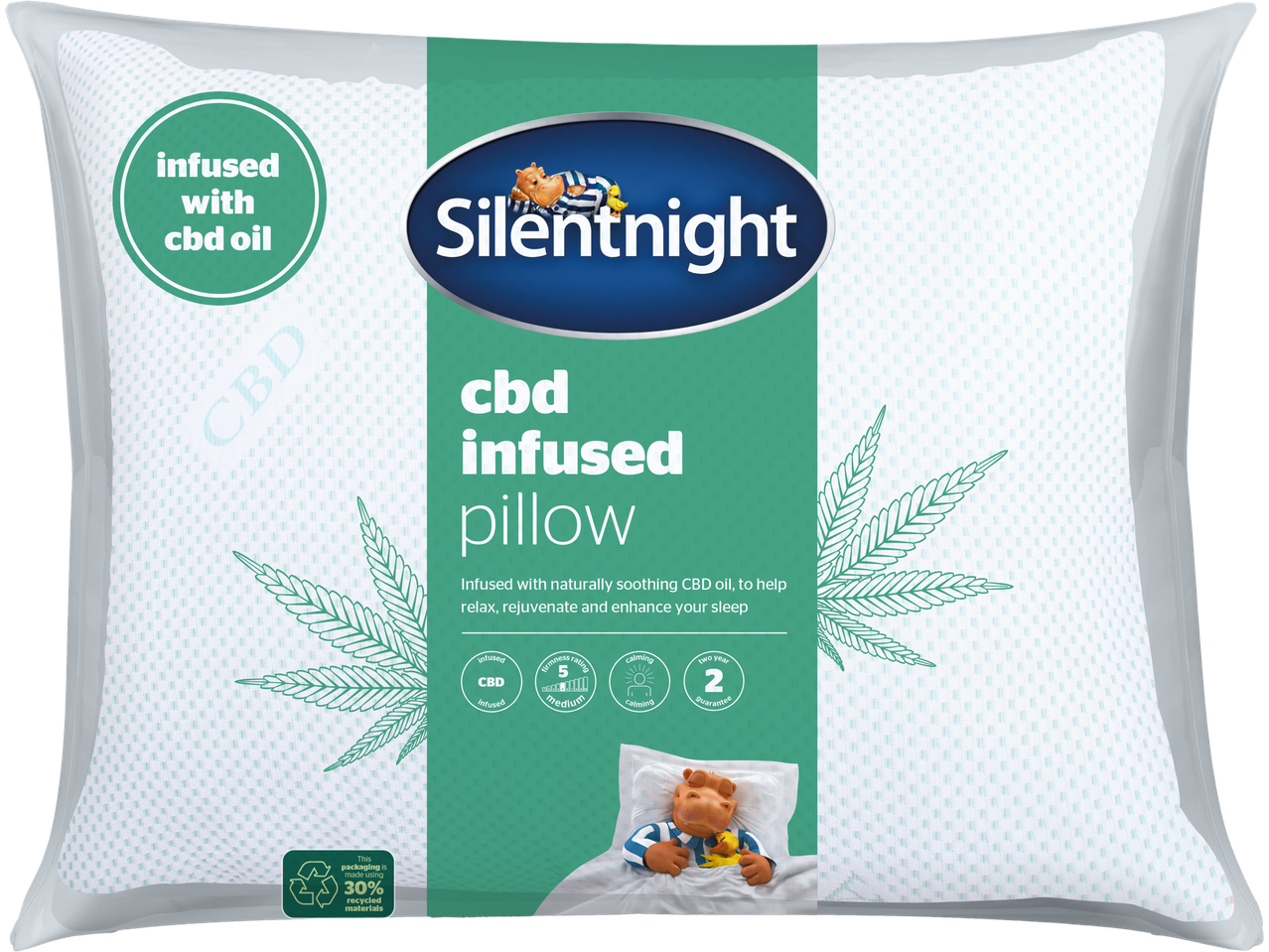 Silentnight CBD-infused pillow in its packaging, promoting relaxation and sleep enhancement.