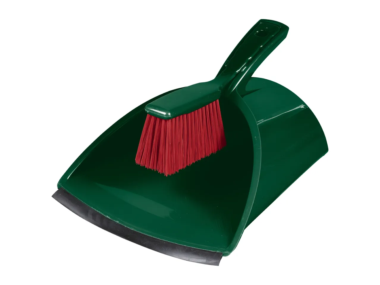 A green dustpan and brush set with red bristles.