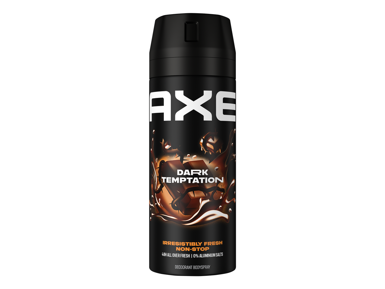 Deodorant bodyspray met chocoladegeur in een zwarte spuitbus.
